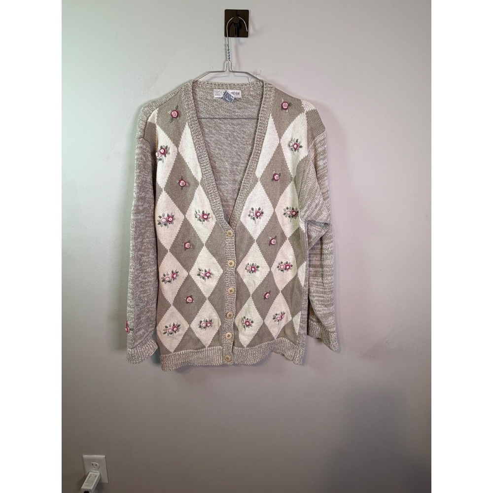 Chrysantheme Womens Cardigan Embroidered Argyle Tan White Size S Vintage